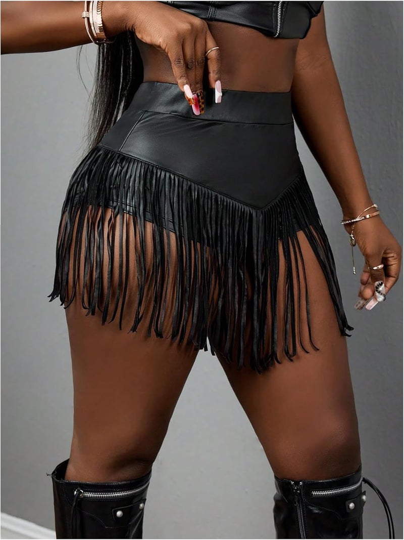BEAUDRM Store Women's Tassel PU Leather Mini Shorts Fringe High Waisted Club Party Shorts Hot Pants Rave Clubwear - Image 5